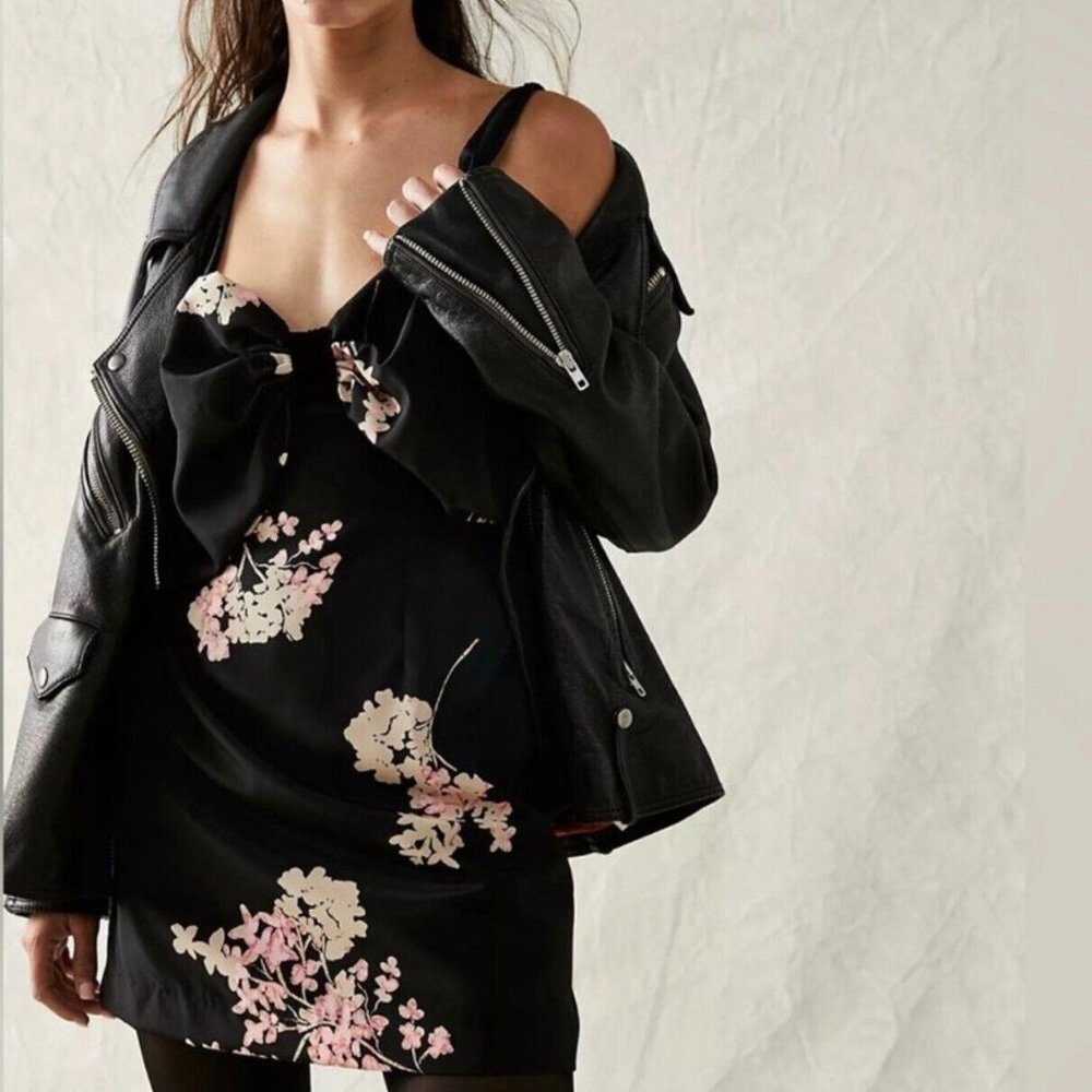 Free People Tie A Bow Mini Dress Black Combo NEW